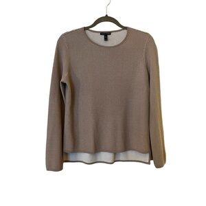 Eileen Fisher Tan & White L/S Waffle Weave Shirt, Hi/Lo, Silk / Cotton